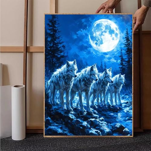 Diamond Painting Mond Diamant Painting Bilder Wolf Diamond Painting Erwachsene Groß XXL, 5D Diamond Painting Eckige Steine Crystal Art Kinder Bastelnset für Wanddeko, Geschenke für Frauen, 25x35cm 8-G von HENJGWEG