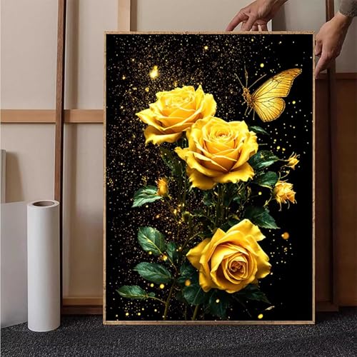 Diamond Painting Rose Crystal Art Schmetterling Diamond Painting Leinwand Bastelset Erwachsene 5D DIY Mosaikherstellung Stickerei Kreuzstich Malerei Kits für Wanddeko, Geschenke (70x95cm) -h2513Q von HENJGWEG