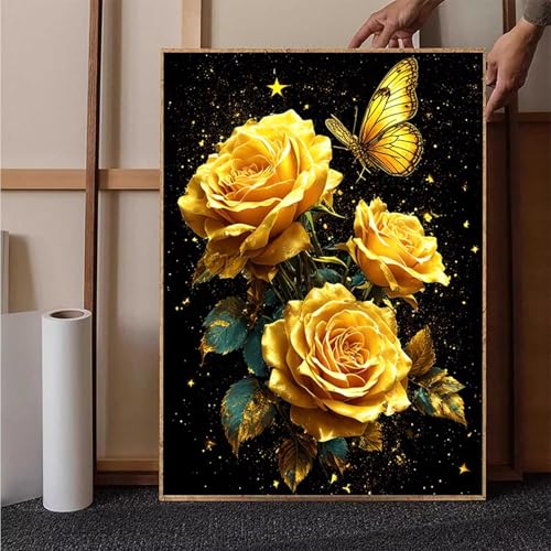 Diamond Painting Rose Crystal Art Schmetterling Diamond Painting Leinwand Bastelset Erwachsene 5D DIY Mosaikherstellung Stickerei Kreuzstich Malerei Kits für Wanddeko, Geschenke 50x70cm -h2516Q von HENJGWEG