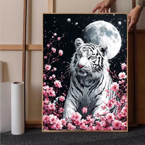 Diamond Painting Tiger Diamant Painting Bilder Mond Diamond Painting Erwachsene Groß XXL, 5D Diamond Painting Eckige Steine Crystal Art Kinder Bastelnset für Wanddeko, Geschenke, 90 x 120 cm G-4 von HENJGWEG