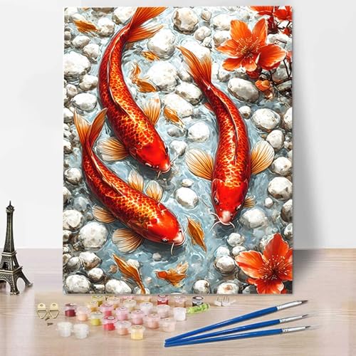 Fisch Malen Nach Zahlen Erwachsene, Malen Nach Zahlen Kinder DIY Handgemalt Ölgemälde Kit für Anfänger und Erwachsene Mit Pinseln und Acrylfarbe, Ohne Rahmen 40x50cm Blume für Familie, Geschenke 1-0 von HENJGWEG