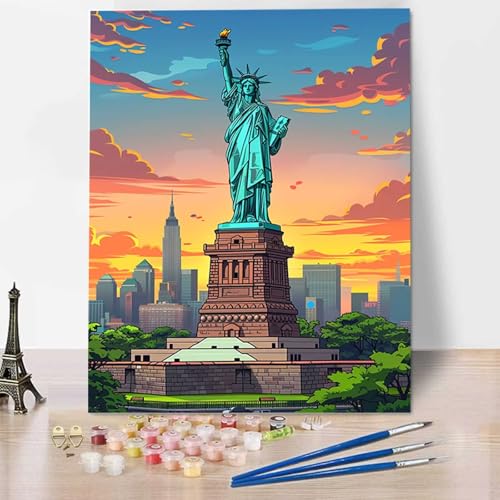 Freiheitsstatue Diy malen nach zahlen erwachsene Sonnenuntergang Malen Nach Zahlen Bild für Erwachsene Groß Diy Ölgemälde Kit für Anfänger, Malen Nach Zahlen Kinder Knitterfreie Leinwand 60x80cm 6-C von HENJGWEG