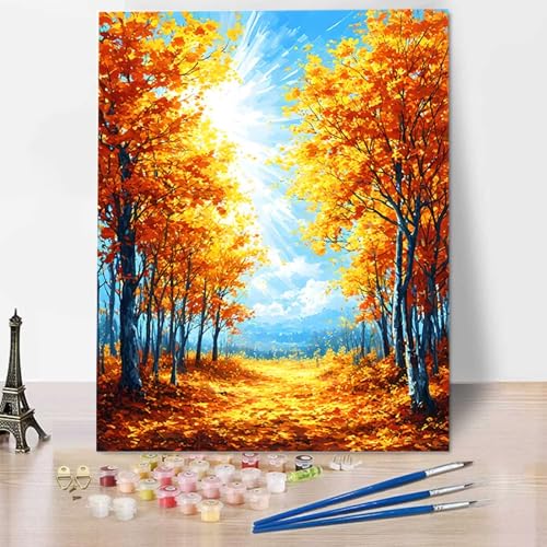 HENJGWEG Landschaft Malen Nach Zahlen Erwachsene, Malen Nach Zahlen Kinder DIY Handgemalt Ölgemälde Kit für Anfänger und Erwachsene Mit Pinseln und Acrylfarbe, Ohne Rahmen 40x50cm Herbst 6-P von HENJGWEG