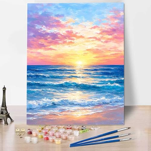 HENJGWEG Malen Nach Zahlen Erwachsene Sonnenuntergang - DIY Landschaft Malen Nach Zahlen Kinder Handgemalt Ölgemälde Kit für Anfänger, Mit Acrylfarbe Handgemalt Ölgemälde Kit Als Geschenk 30x40cm R-3 von HENJGWEG