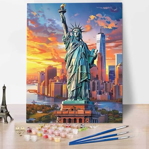 HENJGWEG Malen Nach Zahlen Erwachsene Stadt, Mit Knitterfreie Leinwand, Acrylfarbe - Malen Nach Zahlen Kinder Freiheitsstatue DIY Handgemalt Ölgemälde Kit für Heimdekoration, Geschenk (100x135cm) 3-6 von HENJGWEG