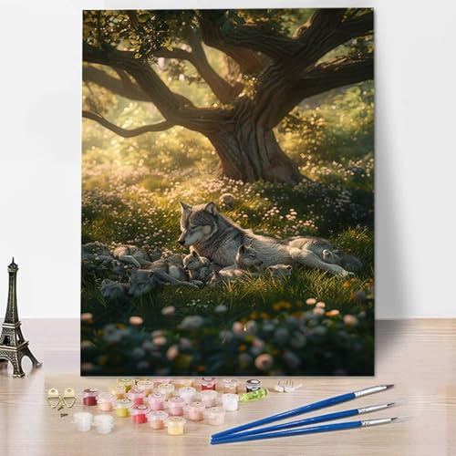 HENJGWEG Malen Nach Zahlen Erwachsene Wald, Malen Nach Zahlen Kinder Wolf DIY Handgemalt Ölgemälde Leinwand Kits Mit Pinseln und Acrylfarbe Als Geschenke und Heimdekoration, Ohne Rahmen (40x50cm) V-0 von HENJGWEG