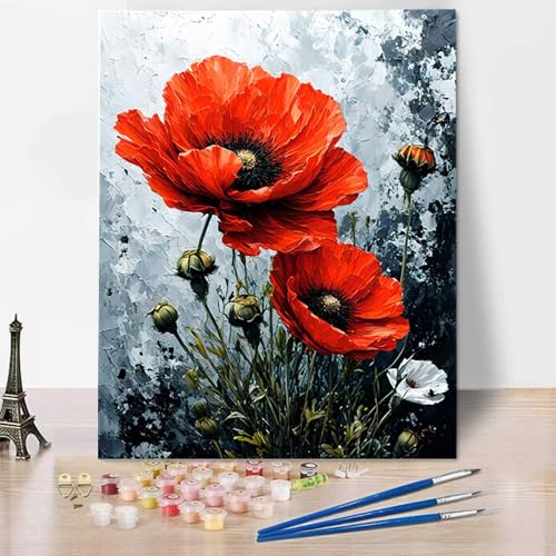 HENJGWEG Mohn Malen Nach Zahlen Stück ab 5 6 7 8 9 Jahre Mädchen und Jungen - DIY Malen Nach Zahlen Blume Malen Nach Zahlen Erwachsene für Kinder und Anfänger mit Pinsel und Acrylfarben (30x40cm) 8-5 von HENJGWEG