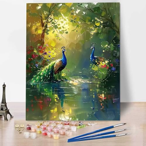 HENJGWEG Pfau Malen Nach Zahlen Erwachsene, Painting By Numbers, DIY Wald Leinwand Ölgemälde Set, Malen Nach Zahlen Kinder Perfekt für Home Wand Dekoration und Geschenke (ohne Rahmen) 50x65cm 2-I von HENJGWEG