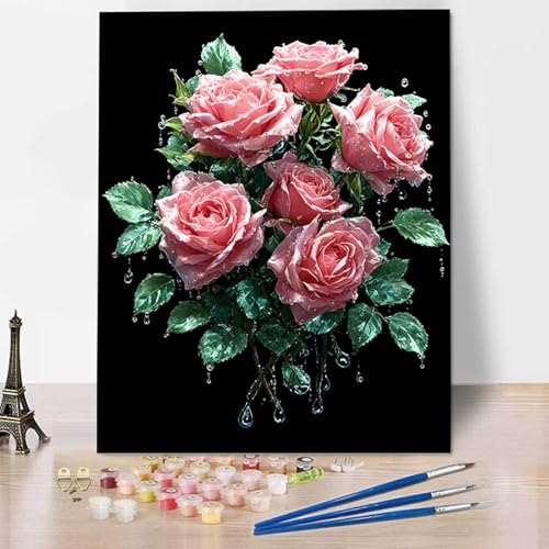 HENJGWEG Rose Malen Nach Zahlen Erwachsene, Painting By Numbers, DIY Blume Leinwand Ölgemälde Set, Malen Nach Zahlen Kinder Perfekt für Home Wand Dekoration und Geschenke (ohne Rahmen) 30 x 40 cm 3-1 von HENJGWEG