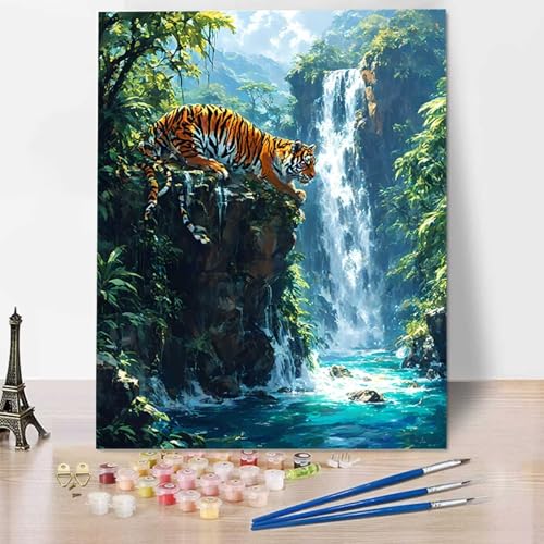 HENJGWEG Tiger Malen Nach Zahlen Erwachsene, Malen Nach Zahlen Kinder DIY Handgemalt Ölgemälde Kit für Anfänger und Erwachsene Mit Pinseln und Acrylfarbe, Ohne Rahmen 40x50cm Landschaft 5-6 von HENJGWEG