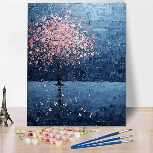 Kirschblüten Malen Nach Zahlen ab 5 6 7 Jahre Mädchen Rahmenlos - Malen Nach Zahlen Erwachsene Landschaft Malen Nach Zahlen für Kinder Acrylfarben, für kreative Heimdekoration, Geschenk 60x80cm U-C von HENJGWEG