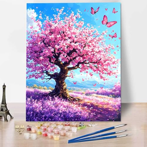 Malen Nach Zahlen Erwachsene Kirschblüten, Mit Knitterfreie Leinwand, Acrylfarbe - Malen Nach Zahlen Kinder Schmetterling DIY Handgemalt Ölgemälde Kit für Heimdekoration, Geschenk (100x135cm) 4-0 von HENJGWEG