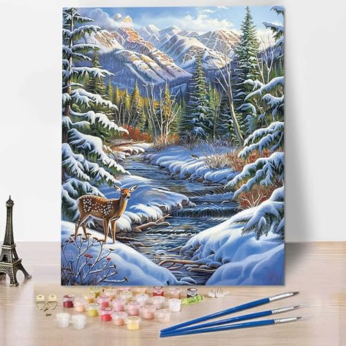 Malen Nach Zahlen Erwachsene Winter, Malen Nach Zahlen Kinder Wald DIY Handgemalt Ölgemälde Leinwand Kits Mit Pinseln und Acrylfarbe Als Geschenke und Heimdekoration, Ohne Rahmen (40x50cm) 4-F von HENJGWEG