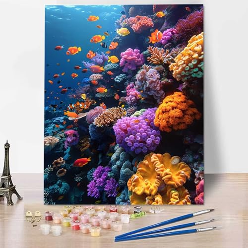 Meer Malen Nach Zahlen ab 5 6 7 Jahre Mädchen Rahmenlos - Malen Nach Zahlen Erwachsene Fisch Malen Nach Zahlen für Kinder Acrylfarben, für kreative Heimdekoration, Geschenk, Weihnachten 60x80cm 8-Q von HENJGWEG