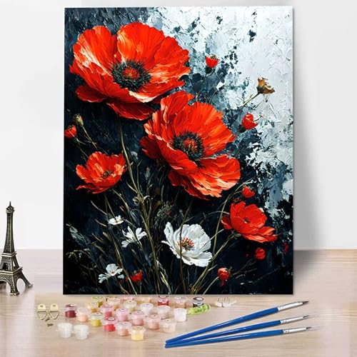 Mohn Diy malen nach zahlen erwachsene Blume Malen Nach Zahlen Bild für Erwachsene Groß Diy Ölgemälde Kit für Anfänger, Malen Nach Zahlen Kinder Knitterfreie Leinwand (Rahmenlos) 40 x 50 cm 2-P von HENJGWEG