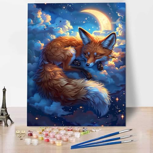 Mond Malen Nach Zahlen ab 5 6 7 Jahre Mädchen Rahmenlos - Malen Nach Zahlen Erwachsene Fuchs Malen Nach Zahlen für Kinder Acrylfarben, für kreative Heimdekoration, Geschenk, Weihnachten 60x80cm 9-0 von HENJGWEG