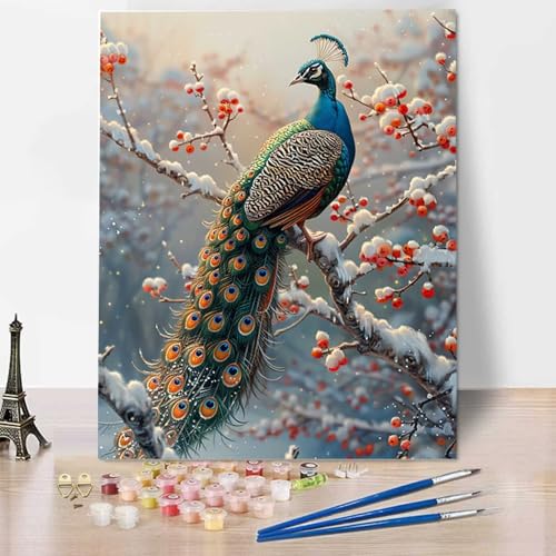 Pfau Malen Nach Zahlen Erwachsene, Painting By Numbers, DIY Winter Leinwand Ölgemälde Set, Malen Nach Zahlen Kinder Perfekt für Home Wand Dekoration und Geschenke (ohne Rahmen) 30 x 40 cm 8-0 von HENJGWEG