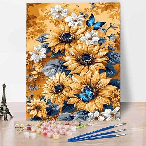 Sonnenblume Malen Nach Zahlen Stück ab 5 6 7 8 9 Jahre Mädchen und Jungen - DIY Malen Nach Zahlen Schmetterling Malen Nach Zahlen Erwachsene für Kinder und Anfänger mit Acrylfarben (30x40cm) 3-H von HENJGWEG