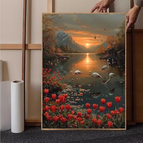 Sonnenuntergang Diamond Painting XXL 100x135 cm, Flamingo Diamond Painting Erwachsene Bastelset, Diamond Painting Kinder Mosaikherstellung Stickerei Kreuzstich Malerei Kits für Deko Wohnzimmer 5-B von HENJGWEG