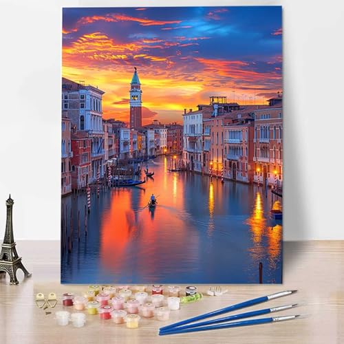 Venedig Malen Nach Zahlen Erwachsene, Painting By Numbers, DIY Landschaft Leinwand Ölgemälde Set, Malen Nach Zahlen Kinder Perfekt für Home Wand Dekoration und Geschenke (ohne Rahmen) 50x65cm A-X von HENJGWEG