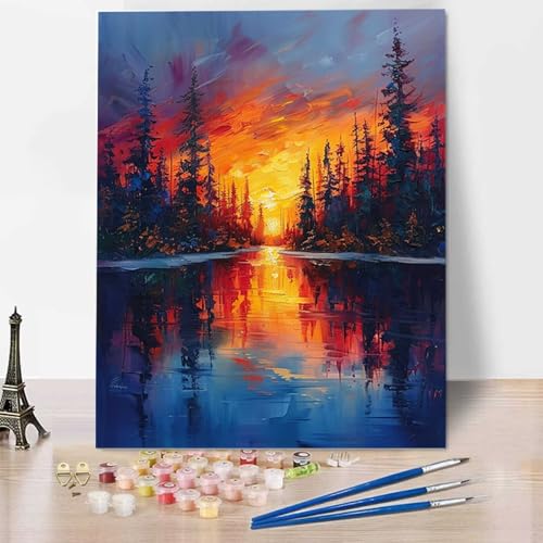 Wald Malen Nach Zahlen ab 5 6 7 Jahre Mädchen Rahmenlos - Malen Nach Zahlen Erwachsene Sonnenuntergang Malen Nach Zahlen für Kinder Acrylfarben, für kreative Heimdekoration, Geschenk 60x80cm V-K von HENJGWEG