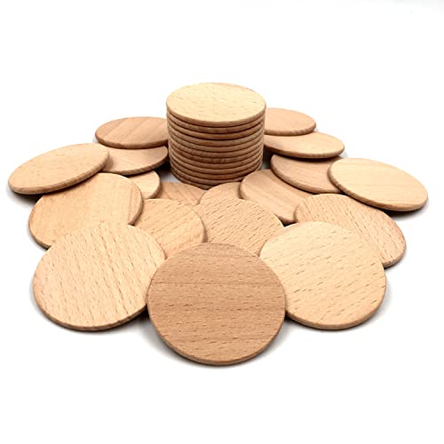 HEOCAKR 5 cm große natürliche Buchenholzscheiben, 30 Stück, unlackiert, 5 cm, massive Holzmünzen, runde Ausschnitte, Spielsteine für Bastelprojekte, Heimwerker, Handwerk, Ornamente von HEOCAKR