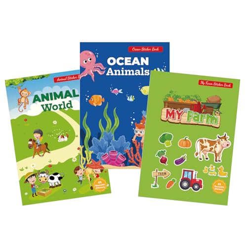 HEOUCH 3 Stück Wasserdichte Stickerbuch, Wiederverwendbare Sticker, Vielzahl von Sticker Tiere, Aufkleber Kinder, Leichte Abzieh und Klebehaftung auf Glatten Oberflächen von HEOUCH