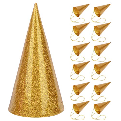 HERCHR 12-teilige Partyhüte für Kinder, kegelförmige Glitzerpartyhüte Dekorationszubehör für Geburtstags- und Kinderpartys, 4,1 x 2,6 Zoll[Gold] von HERCHR