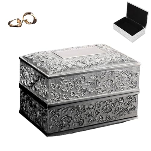 HERCHR Schmuckkästen Antik Schmuckkasten Metall Floral Gravur Rechteck Aufbewahrung Box, Metall Schmuckschatulle Hochzeit, Rechteck Vintage Geschnitzt Schmuckbgox Für Ringe,Ohrringe,Halskette von HERCHR