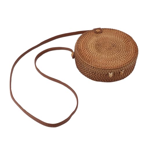 HERCHR Handgewebte Runde Rattantasche, Gewebte Schultertasche aus Rattan Mit Lederband, Handgewebte Umhängetasche, Strand-Boho-Geldbörse Für Frauen(ZU) von HERCHR