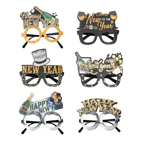 HEREER 6 Stück Neujahrsbrillen Happy New Year Hut Kronenförmige Sonnenbrille Schwarz Gold Neujahr Foto Booth Requisiten mit Glitzerfolie Brille für 2025 Silvester Party Dekorationen von HEREER