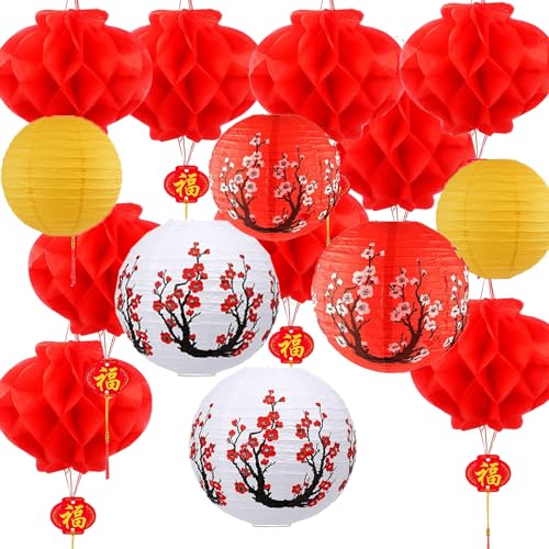 Mitte Herbst Festivaldekoration 16 Pcs 12 Zoll Chinesische Japanische Papierlaterne Chinesische Rote Papierlaterne Kirschblüte Hängelaternen für chinesisches neues Jahr Frühlingsfest Dekor von HEREER