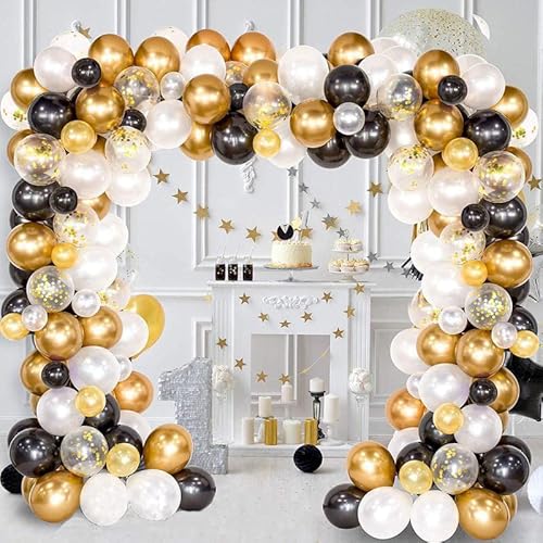 Neujahr 2025 Dekorationen Ballon Kits Schwarz Gold Ballon Girlande Arch Kit – 120 Stück Schwarz Gold Weiß Konfetti Latexballons mit Werkzeug für Neues Jahr Party Dekorationen von HEREER