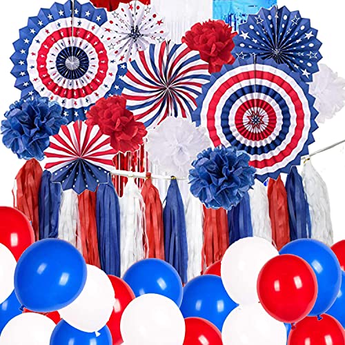 USA Unabhängigkeitstag Party Dekoration - Rotes Weiß Blau Papier Fans, Luftballons, Pom Poms, Folie Fringe Vorhänge für Amerika Feier, Abschiedsparty Deko USA Unabhängigkeitstag Party Dekoration - Rotes Weiß Blau Papier Fans, Luftballons, Pom Poms, Folie Fringe Vorhänge für Amerika Feier, Abschiedsparty Deko von HEREER