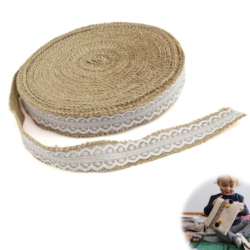 HERKINDNESS Natürliche Jute Bänder, 20 Meter Rollen Jutebandmit Spitze, Vintage Spitzenband Weiß, Natürliche Jute Bänder, für Hochzeit Party Zuhause DIY Dekoration von HERKINDNESS