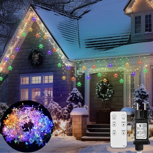 Eisregen Lichterkette Außen 9m, 360 LED Weihnachtsbeleuchtung Schneeflocke Strombetrieben RGB mit Fernbedienung, IP44 wasserdicht Timer 10 Modi für Silvester, Fenster Deko von HERLLD