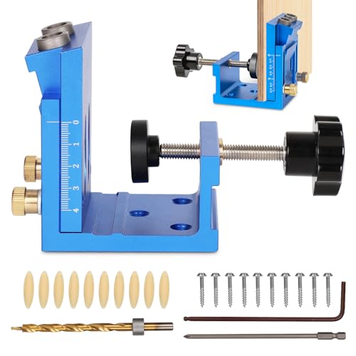 Pocket Hole Jig Set,15° Taschenloch Bohrschablone mit 2 HSS φ9.5mm Bohrer, Einstellbar Taschenloch Bohrschablone,Schräg Bohrvorrichtung mit 10 Schrauben und 10 Holzbearbeitungsstöpseln von HERLLD