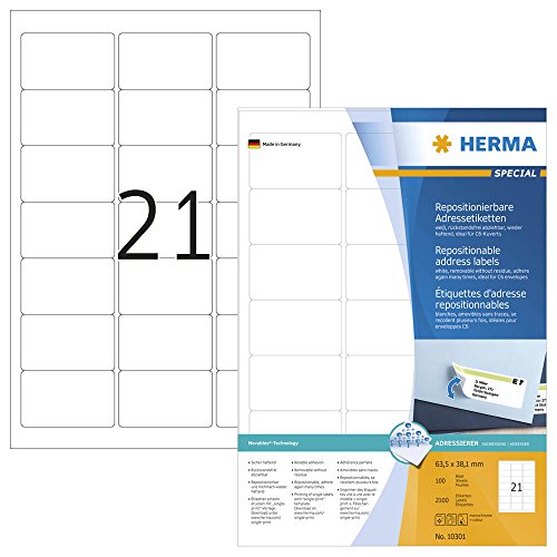 2.100 HERMA 10301 Etiketten / weiß / 63,5 x 38,1 mm / wieder ablösbar von HERMA