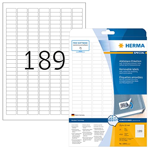 HERMA 10001 Universal Etiketten ablösbar, 25 Blatt, 25,4 x 10 mm, 189 pro A4 Bogen, 4725 Stück, selbstklebend, bedruckbar, matt, blanko Papier Klebeetiketten Aufkleber, weiß von HERMA