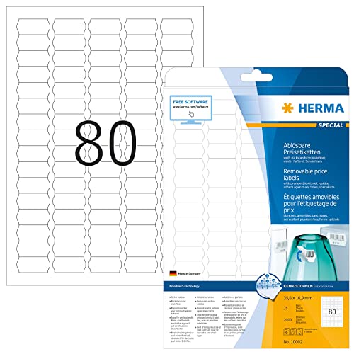 HERMA 10002 Preisetiketten ablösbar, 25 Blatt, 35,6 x 16,9 mm, 80 pro A4 Bogen, 2000 Stück, selbstklebend, bedruckbar, matt, blanko Papier Preisschilder Etiketten Aufkleber, weiß von HERMA