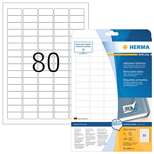 HERMA 10003 Universal Etiketten ablösbar, 800 Blatt, 35,6 x 16,9 mm, 80 pro A4 Bogen, 64000 Stück, selbstklebend, bedruckbar, matt, blanko Papier Klebeetiketten Aufkleber, weiß von HERMA