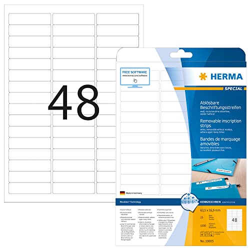 HERMA 10005 Beschriftungsstreifen ablösbar, 800 Blatt, 63,5 x 16,9 mm, 48 pro A4 Bogen, 38400 Stück, selbstklebend, bedruckbar, matt, blanko Papier Klebeetiketten Aufkleber, weiß von HERMA