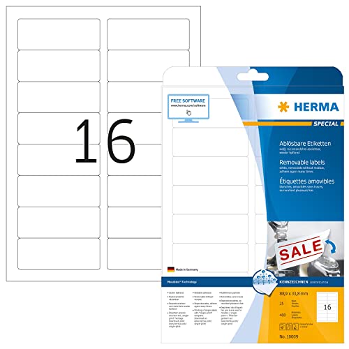 HERMA 10009 Universal Etiketten ablösbar, 25 Blatt, 88,9 x 33,8 mm, 16 pro A4 Bogen, 400 Stück, selbstklebend, bedruckbar, matt, blanko Papier Klebeetiketten Aufkleber, weiß von HERMA