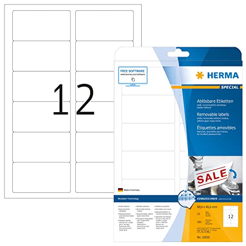 HERMA 10010 Universal Etiketten ablösbar, 25 Blatt, 88,9 x 46,6 mm, 12 pro A4 Bogen, 300 Stück, selbstklebend, bedruckbar, matt, blanko Papier Klebeetiketten Aufkleber, weiß von HERMA