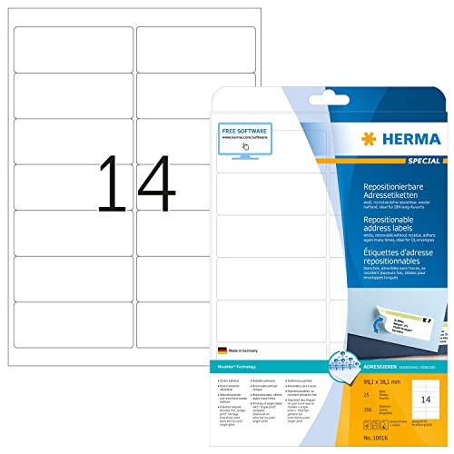 HERMA 10016 Universal Etiketten ablösbar, 25 Blatt, 99,1 x 38,1 mm, 14 pro A4 Bogen, 350 Stück, selbstklebend, bedruckbar, matt, blanko Papier Klebeetiketten Aufkleber, weiß von HERMA