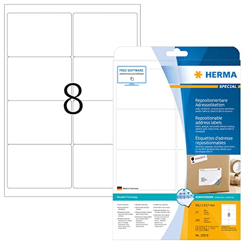 HERMA 10018 Universal Etiketten blickdicht ablösbar, 800 Blatt, 99,1 x 67,7 mm, 8 pro A4 Bogen, 6400 Stück, selbstklebend, bedruckbar, matt, blanko Papier Klebeetiketten Aufkleber, weiß von HERMA