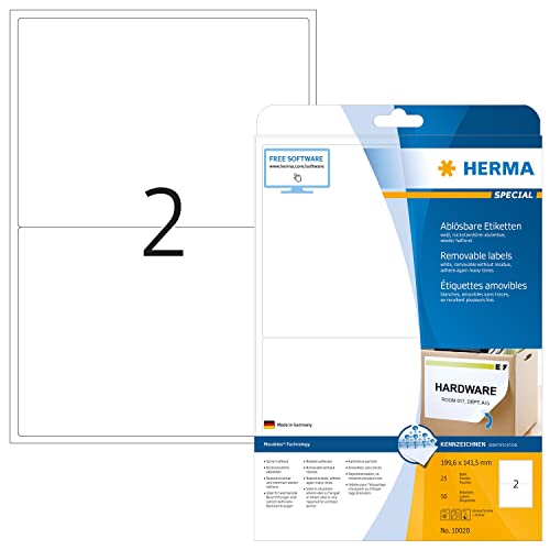 HERMA 10020 Universal Etiketten ablösbar, 25 Blatt, 199,6 x 143,5 mm, 2 pro A4 Bogen, 50 Stück, selbstklebend, bedruckbar, matt, blanko Papier Klebeetiketten Aufkleber, weiß von HERMA