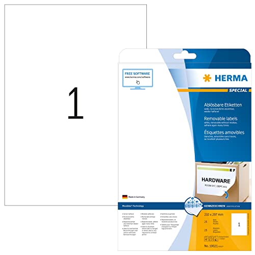 HERMA 10021 Universal Etiketten ablösbar, 25 Blatt, 210 x 297 mm, 1 pro A4 Bogen, 25 Stück, selbstklebend, bedruckbar, matt, blanko Papier Klebeetiketten Aufkleber, weiß von HERMA