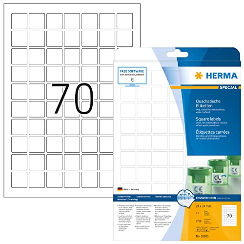 HERMA 10105 Universal Etiketten ablösbar, 800 Blatt, 24 x 24 mm, 70 pro A4 Bogen, 56000 Stück, selbstklebend, bedruckbar, matt, quadratisch, blanko Papier Klebeetiketten Aufkleber, weiß von HERMA