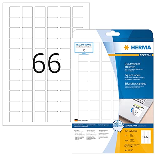 HERMA 10107 Universal Etiketten ablösbar, 25 Blatt, 25,4 x 25,4 mm, 66 pro A4 Bogen, 1650 Stück, selbstklebend, bedruckbar, matt, quadratisch, blanko Papier Klebeetiketten Aufkleber, weiß von HERMA